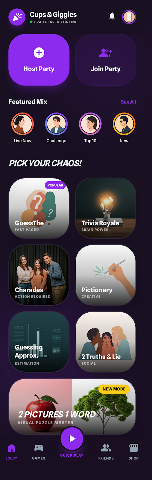 Cups and Giggles home screen showing party actions, featured players, and game categories.