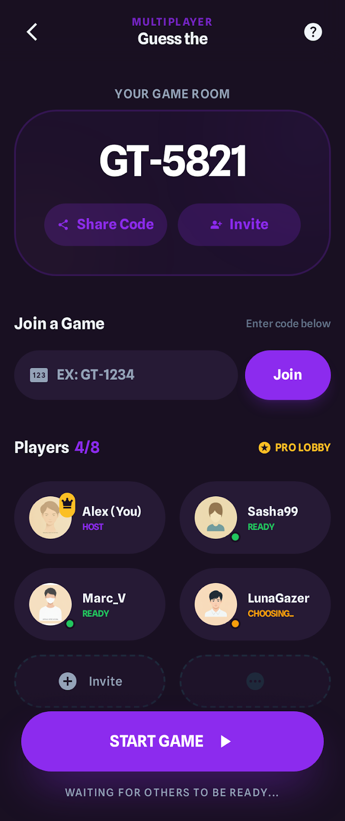 Cups and Giggles multiplayer lobby with room code, invite controls, and player status list.