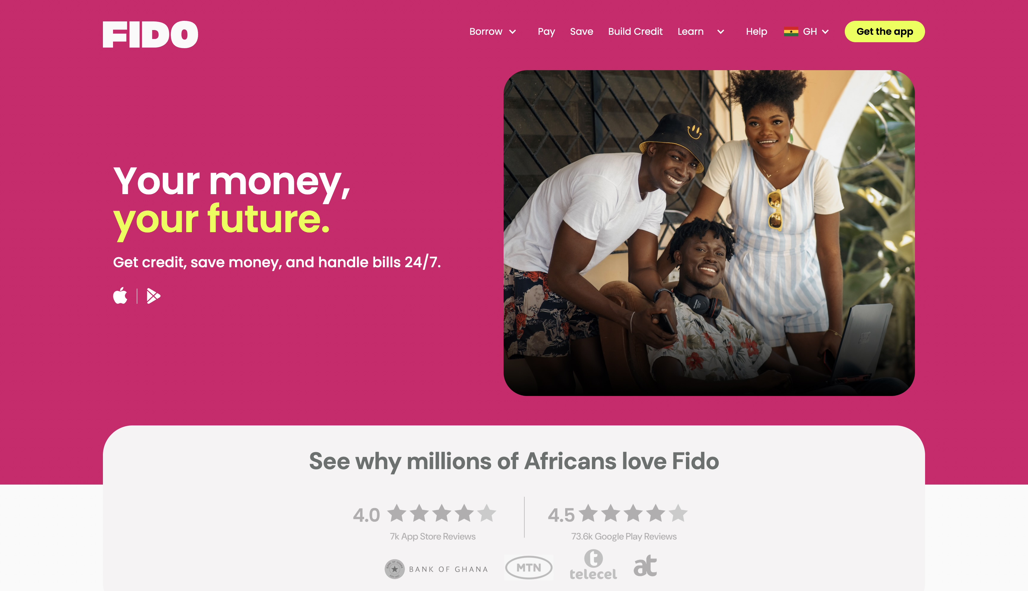Fido product homepage highlighting credit, savings, and bill workflows for Ghana users.