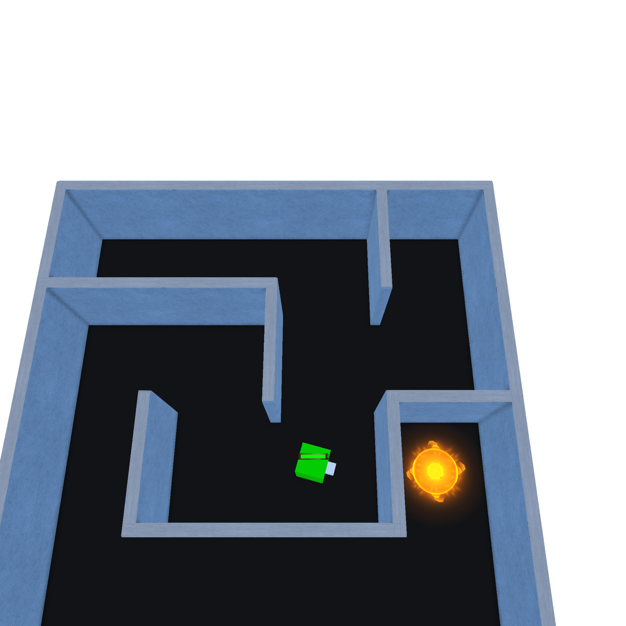 Top-down screenshot from Maaze showing a maze corridor, a player tank, and a glowing objective.
