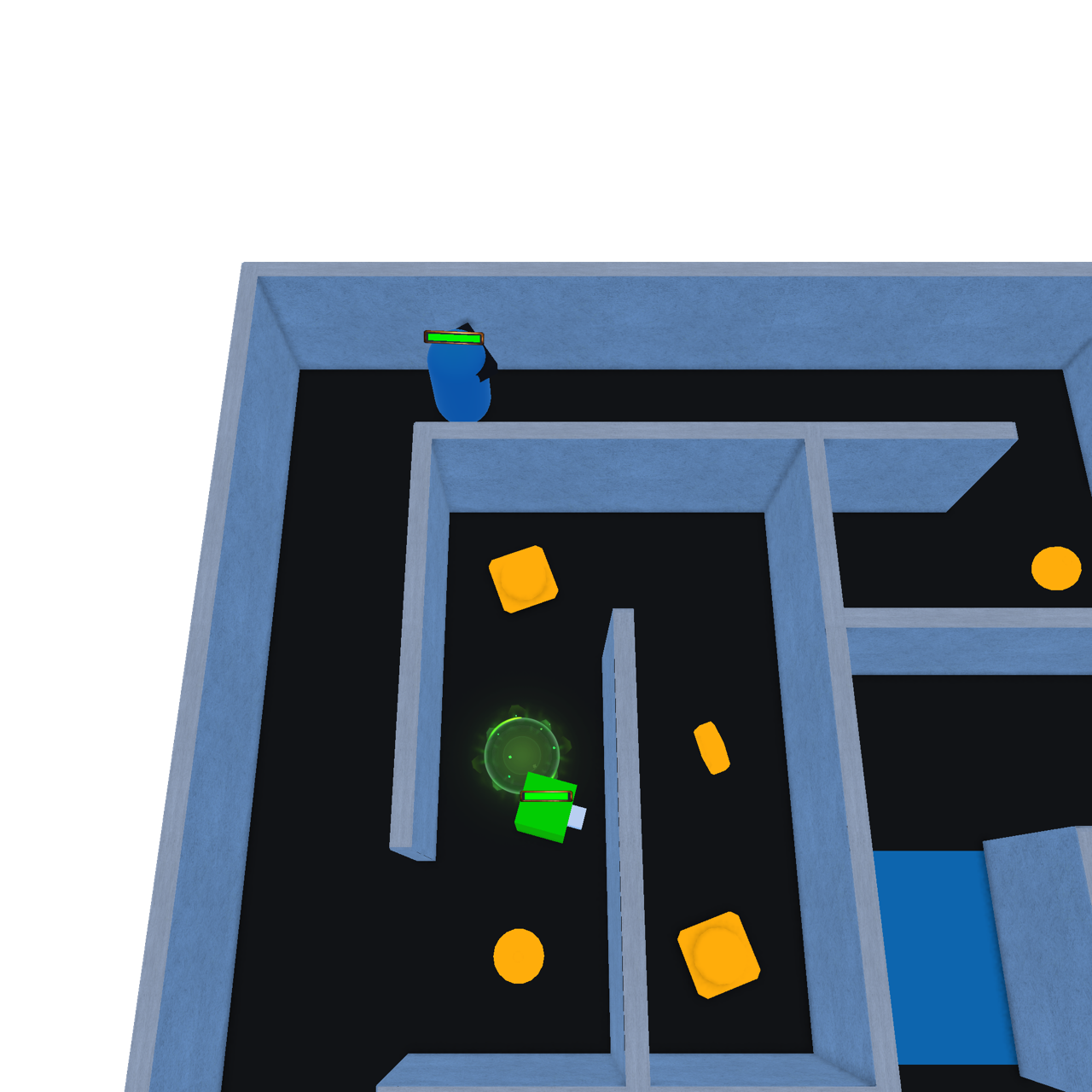 Maaze screenshot showing enemies, pickups, and the player navigating a crowded arena.
