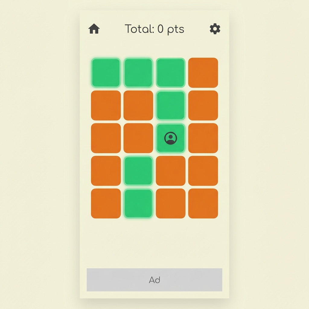 Memory Rush gameplay screen showing a memorized path of glowing tiles.