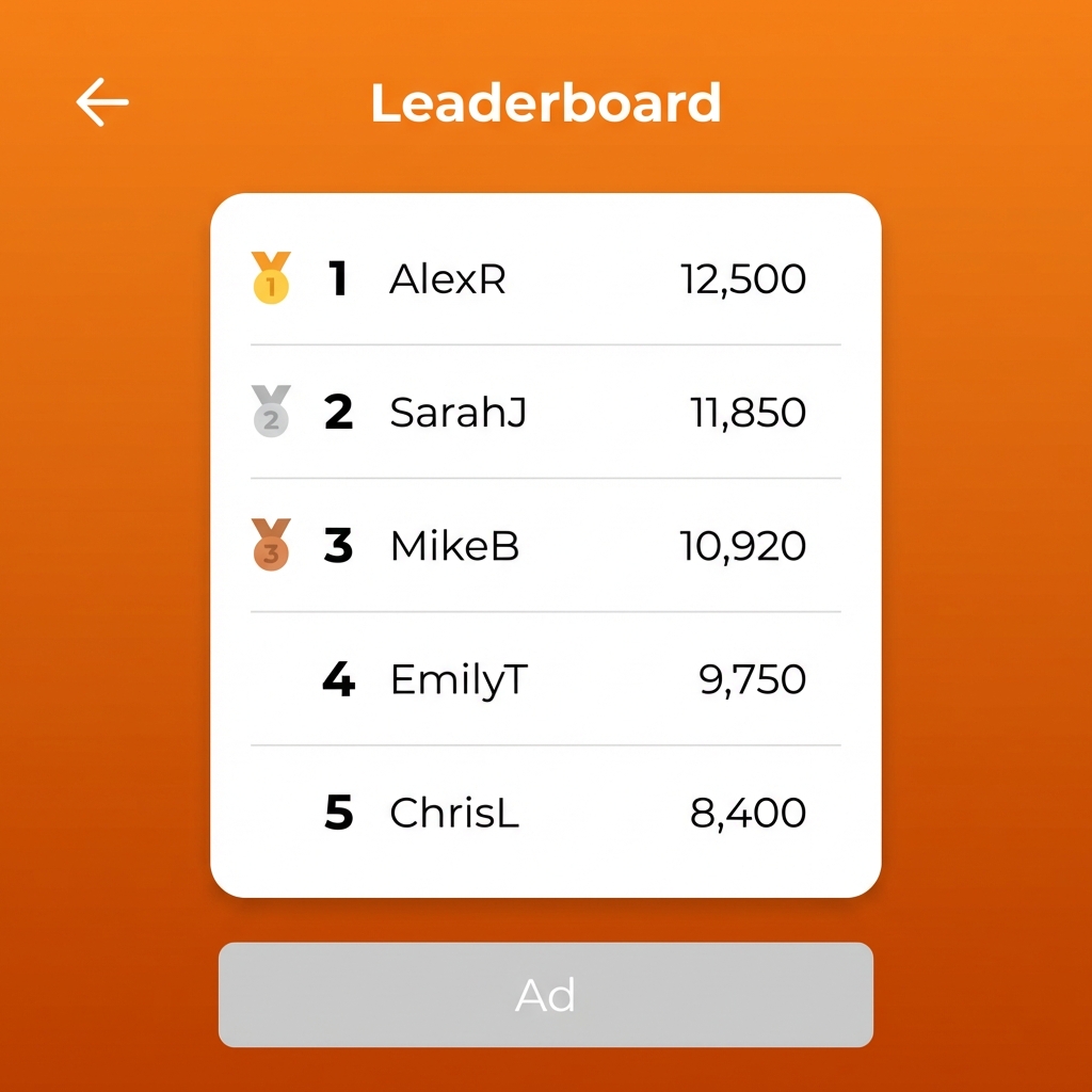 Memory Rush leaderboard screen listing top player scores.