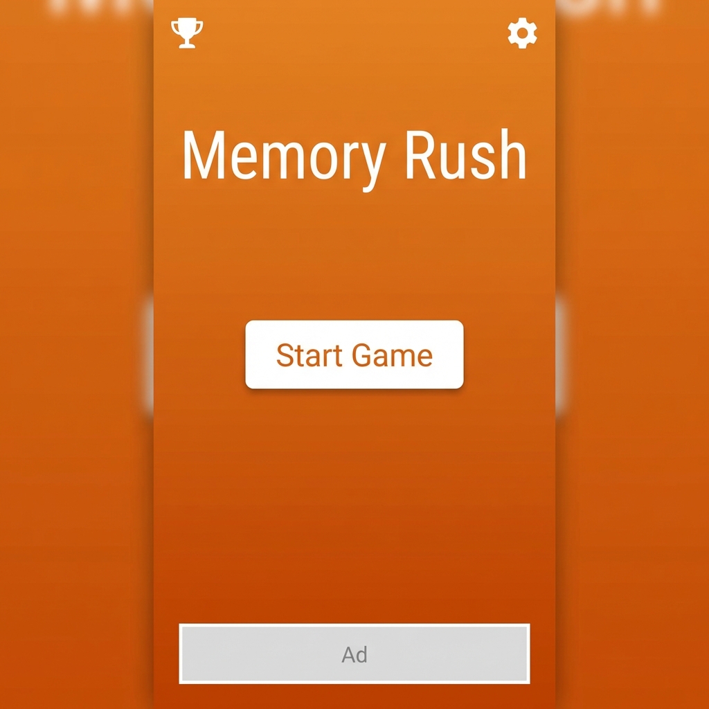 Memory Rush main menu with a start button and leaderboard shortcut.