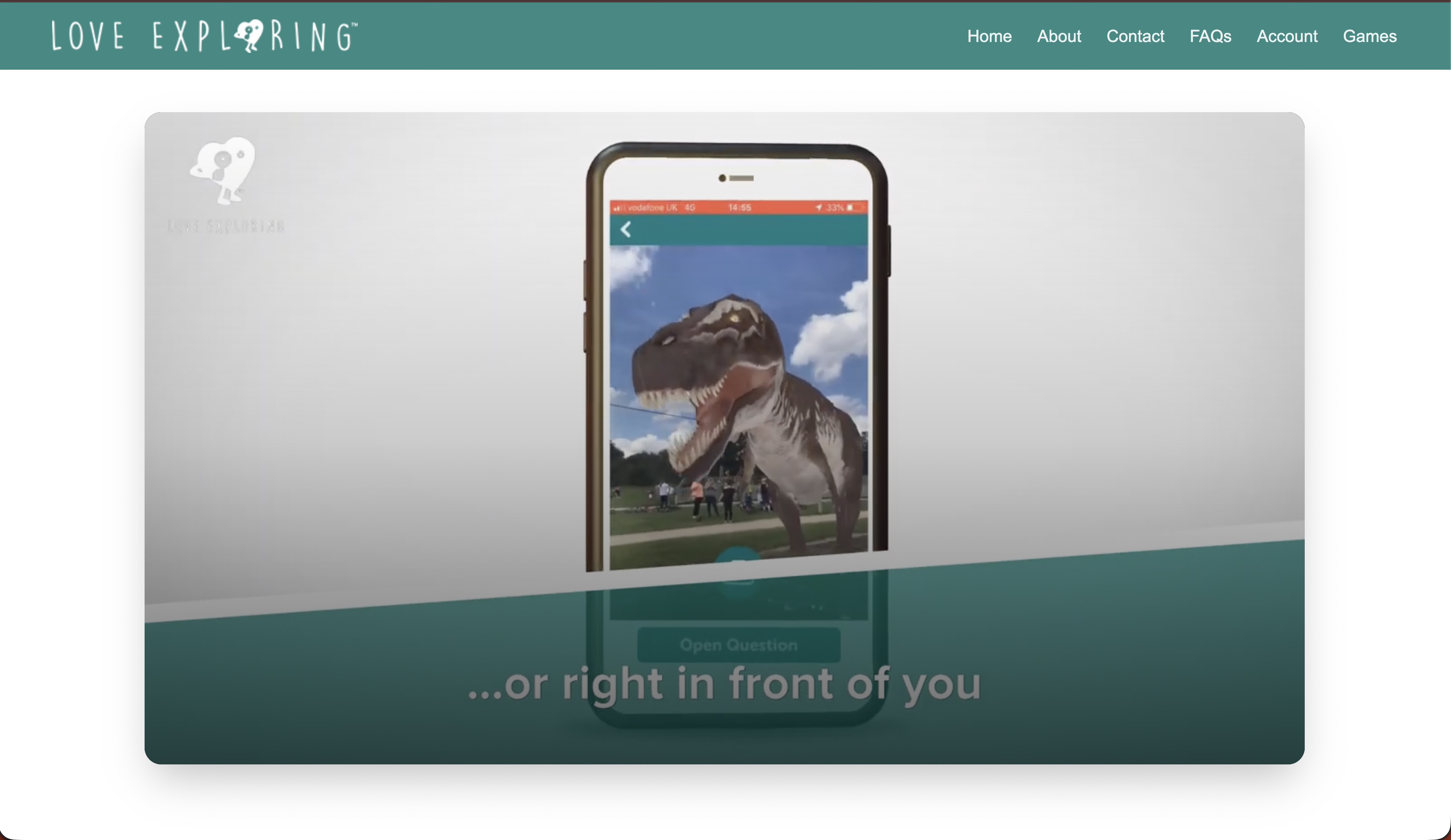 Love Exploring application screenshot showing a dinosaur AR experience centered in a mobile screen.